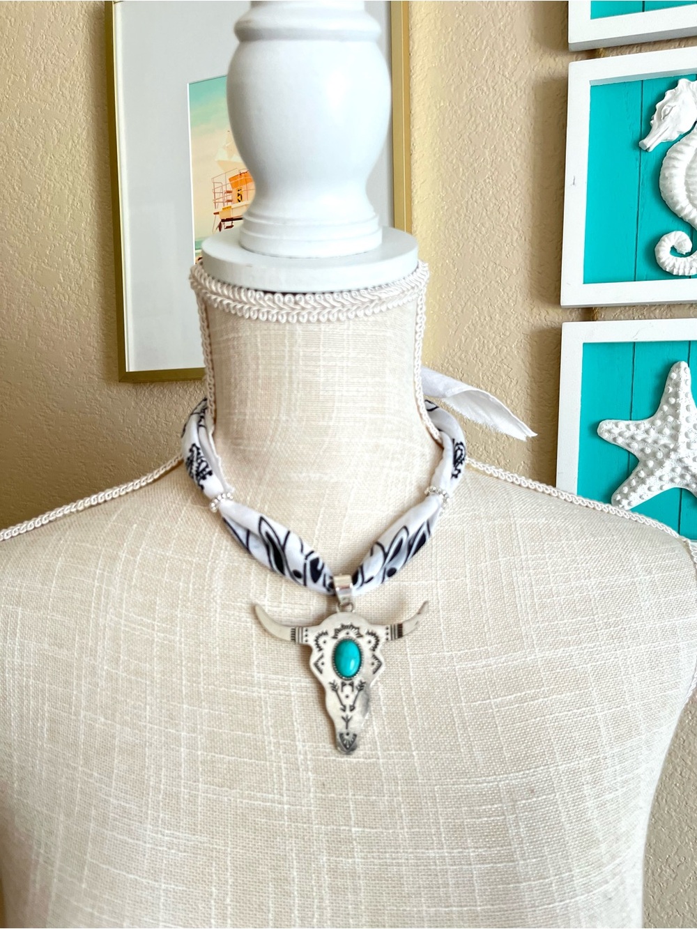 Turquoise Accent Bull Skull Pendant Necklace on Black & White bandanna